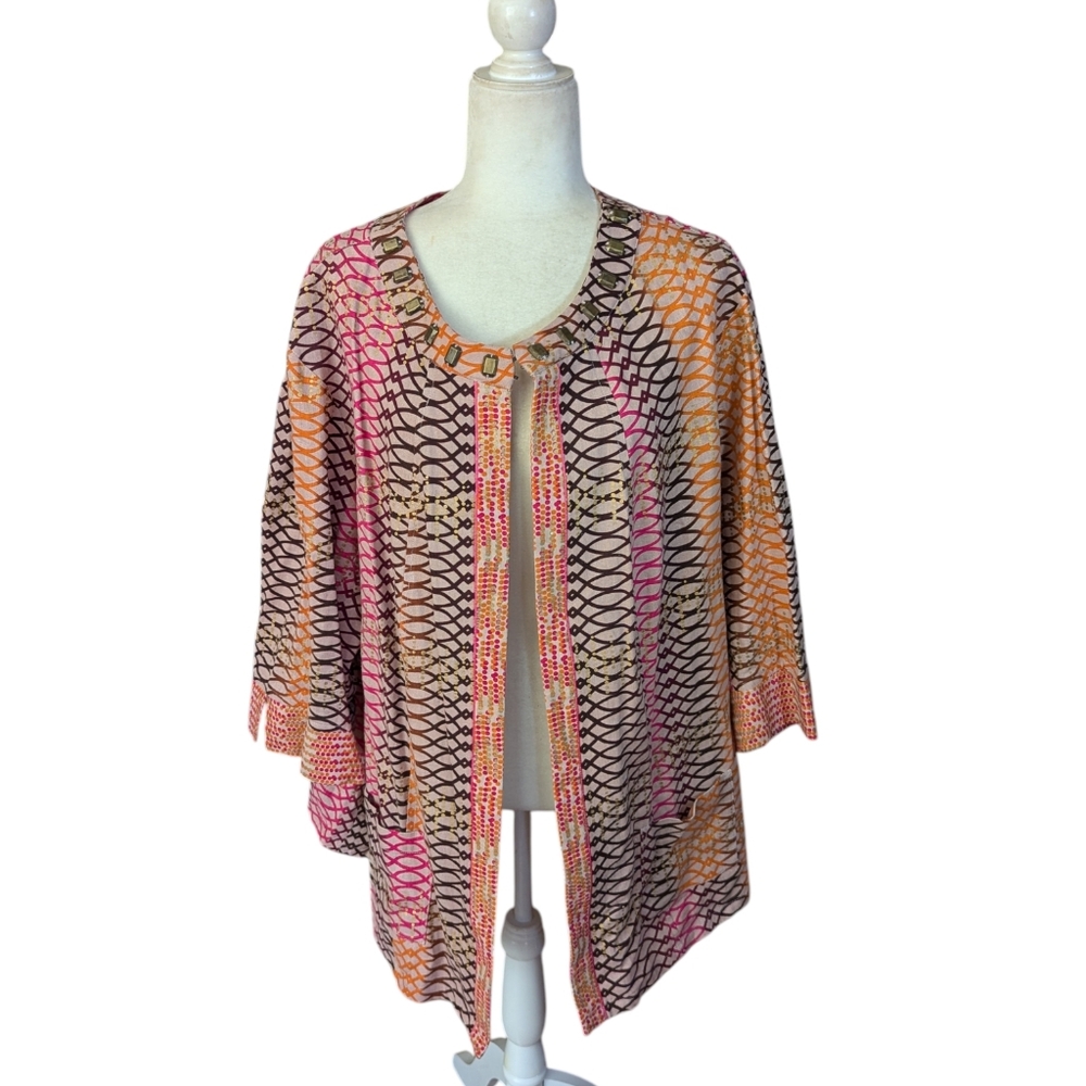 Linen Blend Colorful Open Front Topper Jacket Studded Collar Plus Size Chic 3X